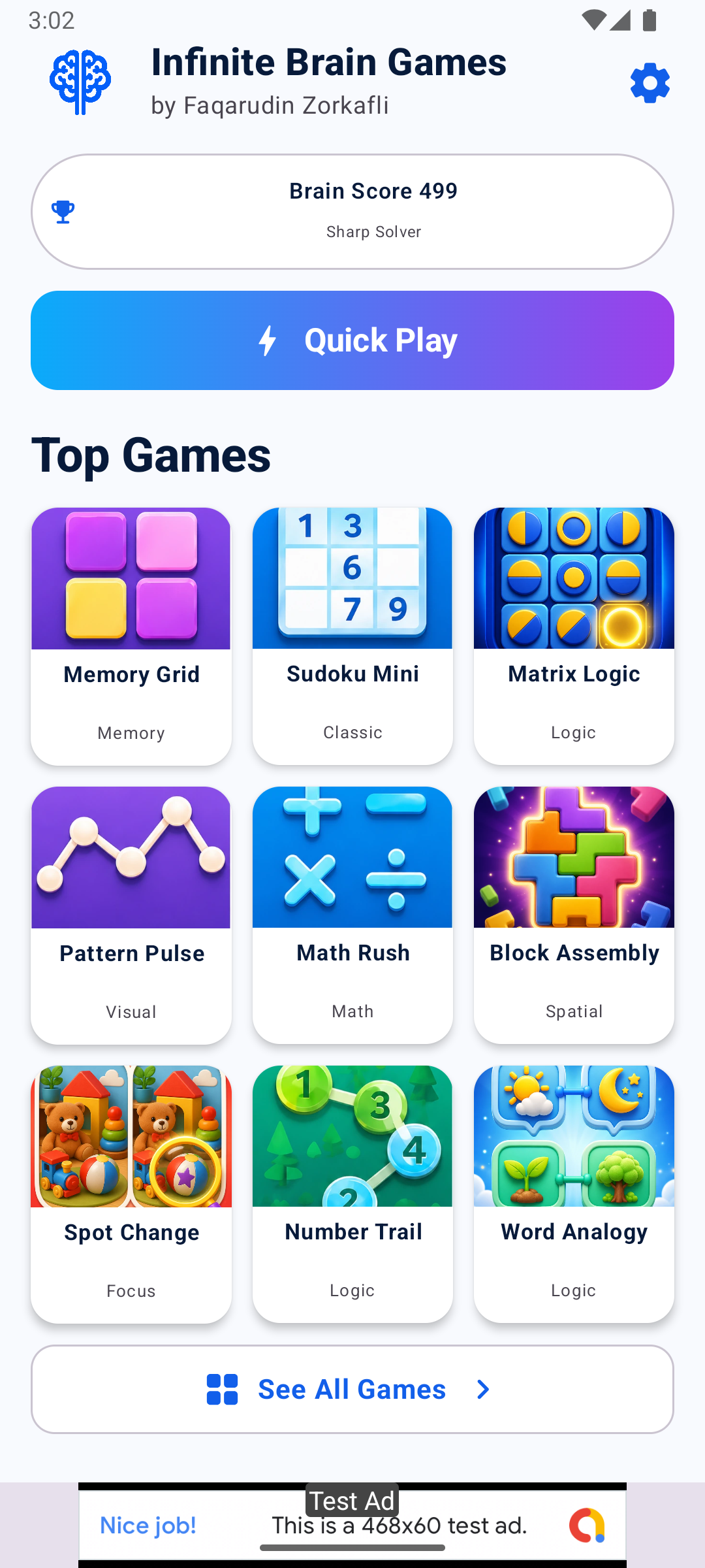 Paparan Infinite Brain Games